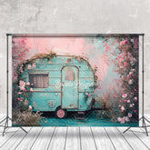 Lofaris Vintage Blue RV Pink Flower Spring Photo Backdrop